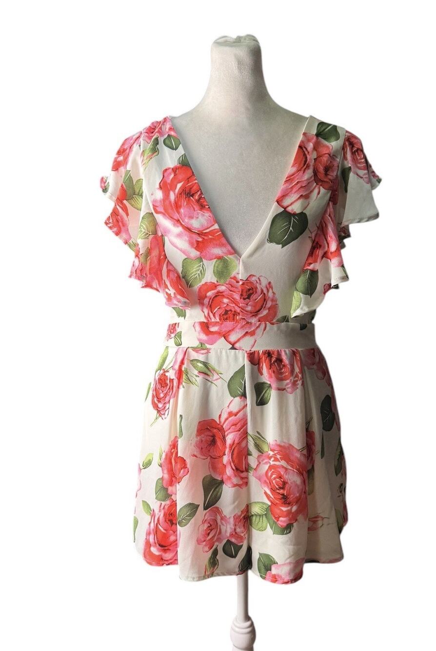 Charlotte Russe Womens Small Floral V-Neck Romper Dress Ruffle Flowy Sleeves